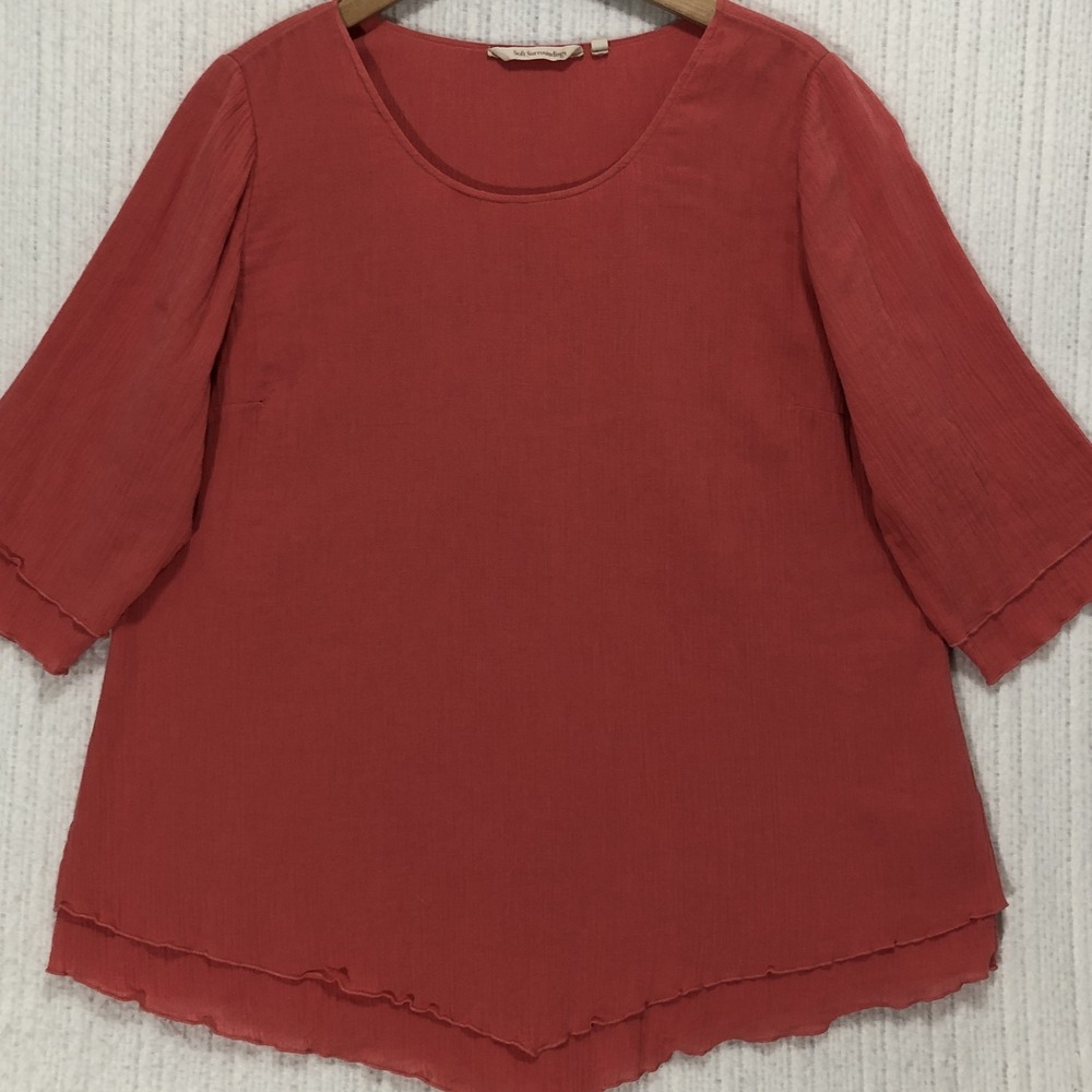 Soft Surroundings Coral Red Cotton Gauze Tiered Hem Blouse Top L 2FW37